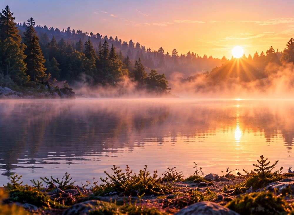 En sjö i gryningen, med dimma över vattnet och solen bakom skogen